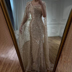 Arabisches, türkisfarbenes Abendkleid mit Perlenbesatz und bodenlangem Cape-Ärmeln für Frauen 2025 LA72590 