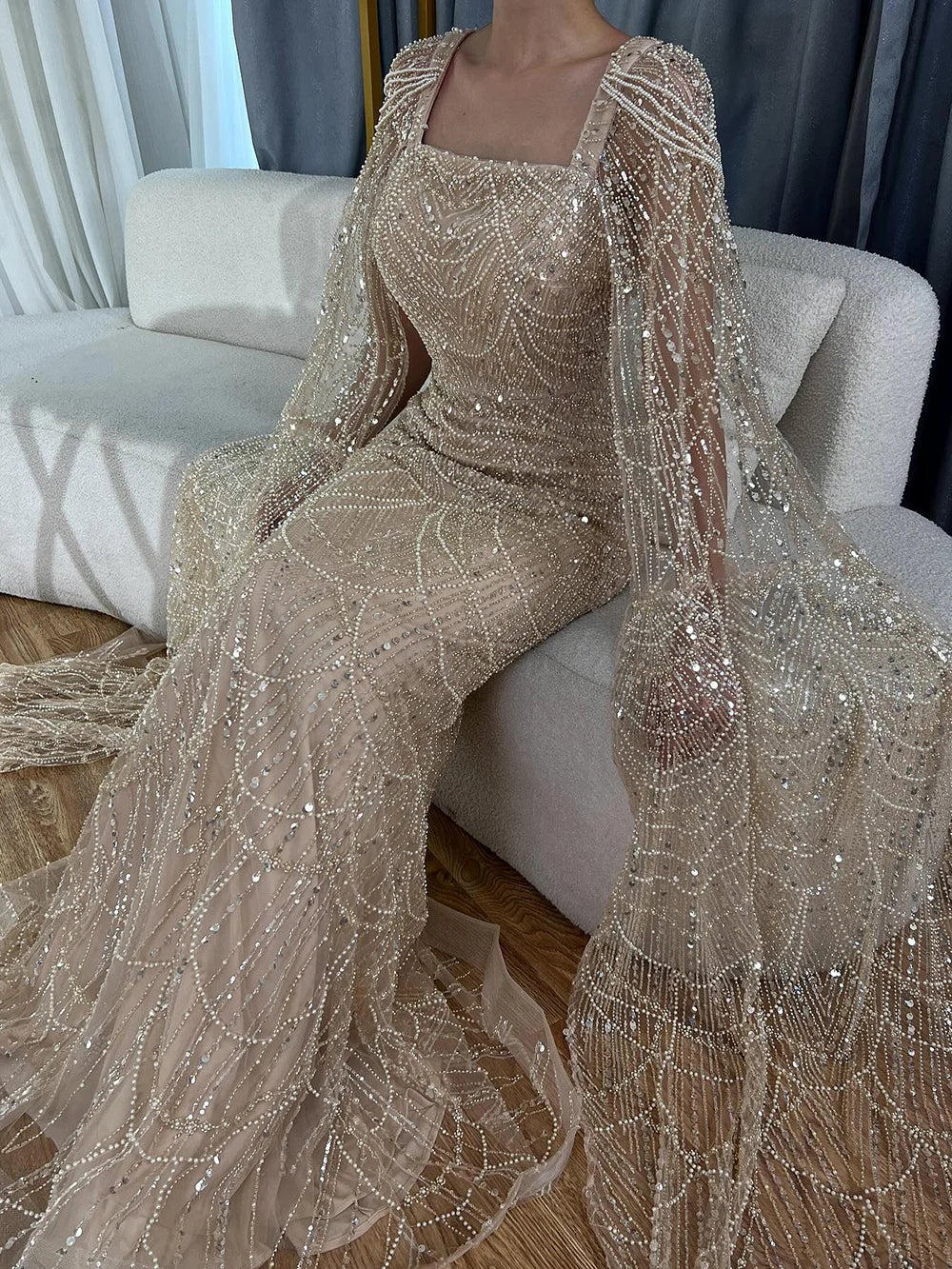 Arabic Turquoise Cape Sleeves Beaded Pearls and Floor Length Evening Gown Party Dress for Women 2025 LA72590