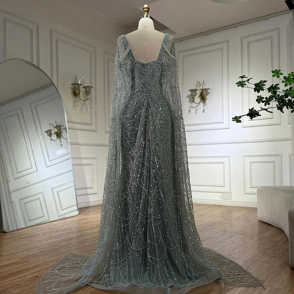 Arabisches, türkisfarbenes Abendkleid mit Perlenbesatz und bodenlangem Cape-Ärmeln für Frauen 2025 LA72590 