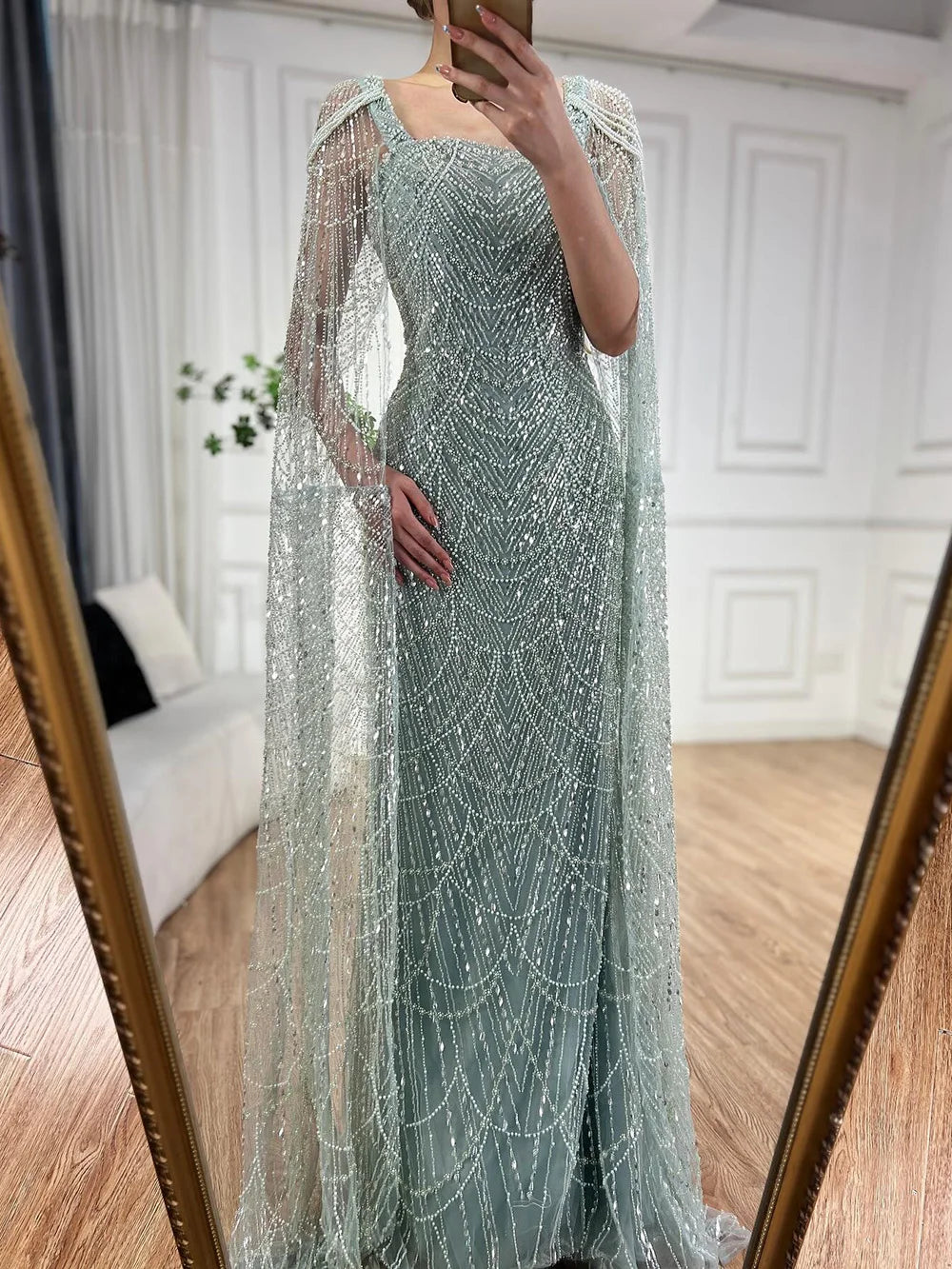 Arabic Turquoise Cape Sleeves Beaded Pearls and Floor Length Evening Gown Party Dress for Women 2025 LA72590