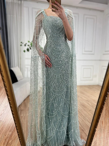 Vestido de noche árabe turquesa con mangas capa, cuentas y perlas, largo hasta el suelo, para mujer, 2025, LA72590 