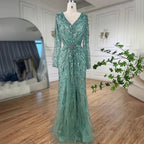 Vestido de noche árabe turquesa elegante con cuentas y abertura en la espalda, estilo sirena, para mujer, para fiesta de boda, LA72007 