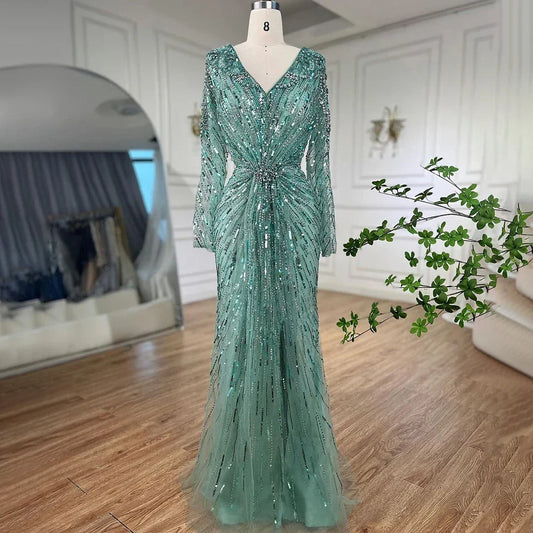 Vestido de noche árabe turquesa elegante con cuentas y abertura en la espalda, estilo sirena, para mujer, para fiesta de boda, LA72007 