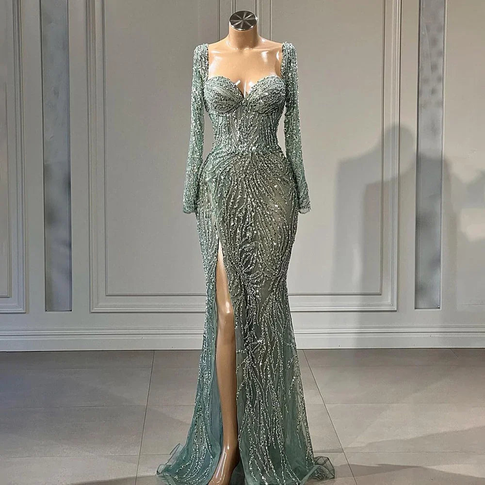 Arabic Turquoise Elegant Mermaid High Split Beaded Evening Dresses Gowns 2025 For Women Wedding Party LA72093