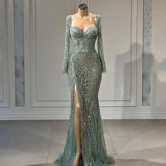 Vestido de noche elegante de sirena con abertura alta y cuentas en turquesa árabe 2025 para mujer, fiesta de boda LA72093 