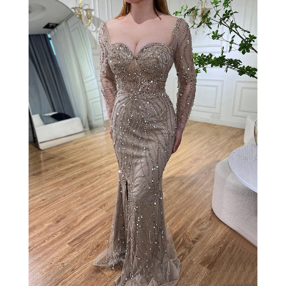 Arabic Turquoise Elegant Mermaid High Split Beaded Evening Dresses Gowns 2025 For Women Wedding Party LA72093