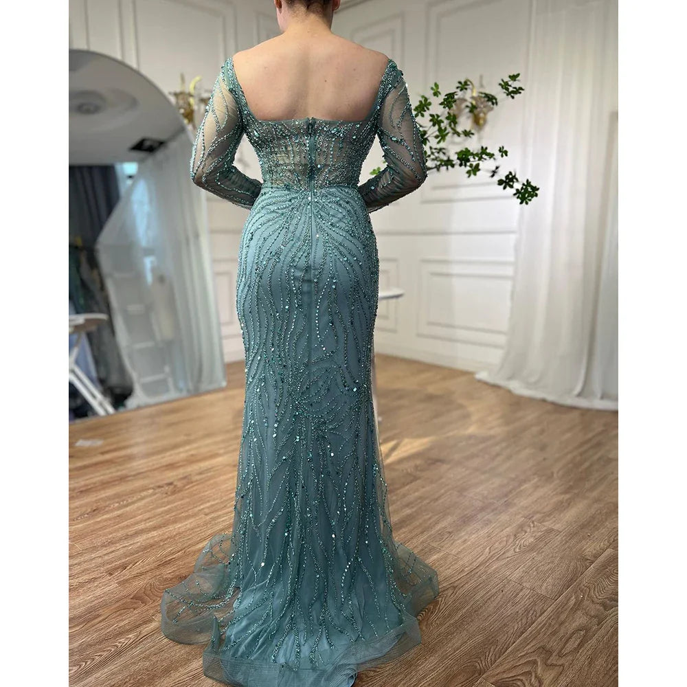 Arabic Turquoise Elegant Mermaid High Split Beaded Evening Dresses Gowns 2025 For Women Wedding Party LA72093