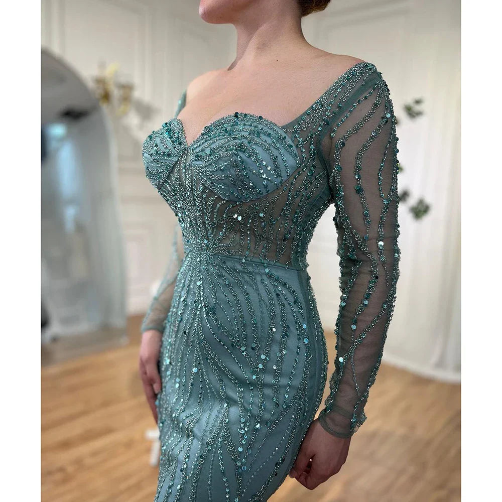 Arabic Turquoise Elegant Mermaid High Split Beaded Evening Dresses Gowns 2025 For Women Wedding Party LA72093