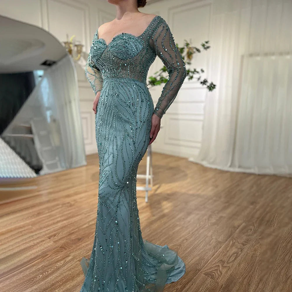 Arabic Turquoise Elegant Mermaid High Split Beaded Evening Dresses Gowns 2025 For Women Wedding Party LA72093