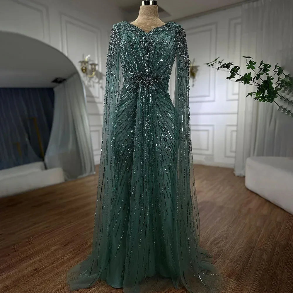 Elegante vestido de noche estilo sirena árabe turquesa con cuentas y mangas estilo capa, para mujer, boda, fiesta, LA72168 