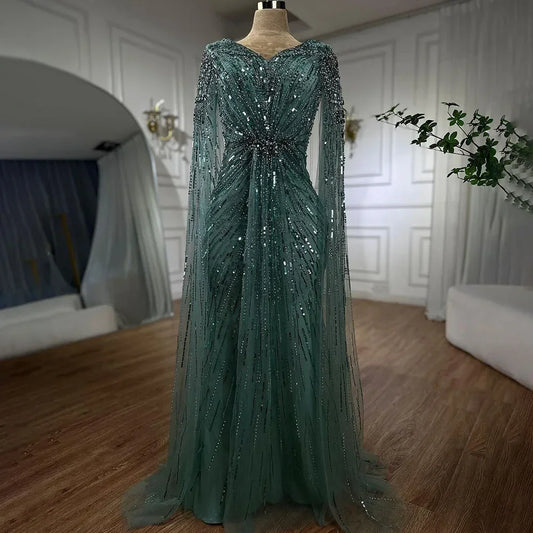 Elegante vestido de noche estilo sirena árabe turquesa con cuentas y mangas estilo capa, para mujer, boda, fiesta, LA72168 