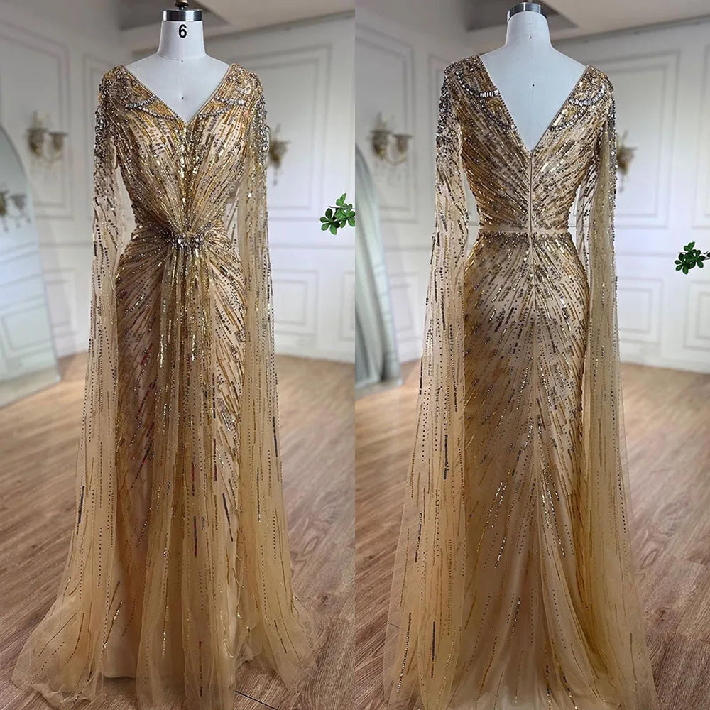 Arabic Turquoise Mermaid Beaded Cape Sleeves Elegant Evening Dresses Gowns 2025 For Women Wedding Party LA72168