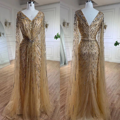 Elegante vestido de noche estilo sirena árabe turquesa con cuentas y mangas estilo capa, para mujer, boda, fiesta, LA72168 