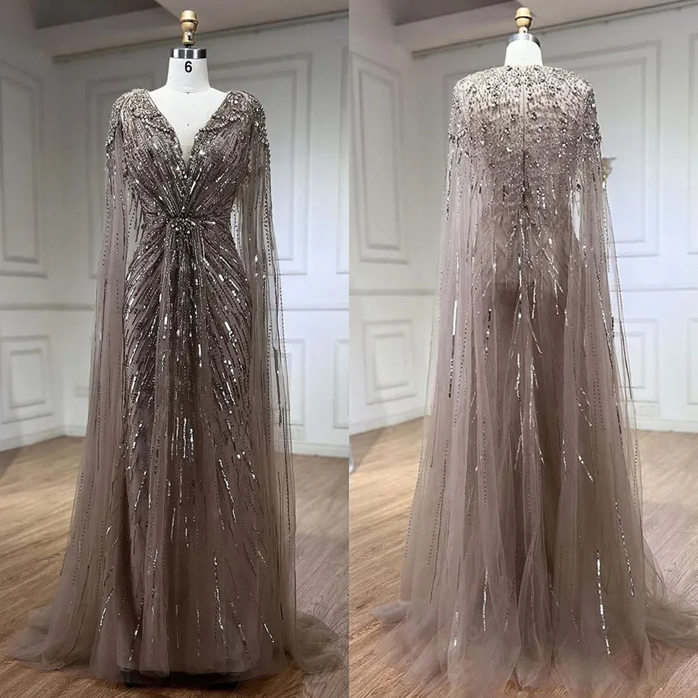 Elegante vestido de noche estilo sirena árabe turquesa con cuentas y mangas estilo capa, para mujer, boda, fiesta, LA72168 