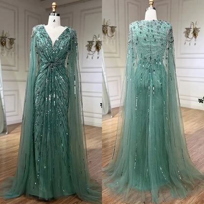 Elegante vestido de noche estilo sirena árabe turquesa con cuentas y mangas estilo capa, para mujer, boda, fiesta, LA72168 