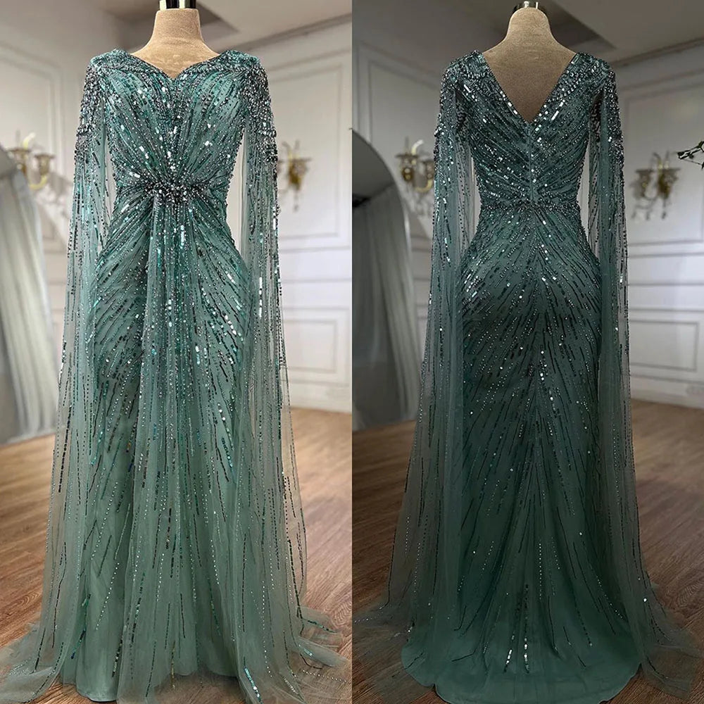 Elegante vestido de noche estilo sirena árabe turquesa con cuentas y mangas estilo capa, para mujer, boda, fiesta, LA72168 