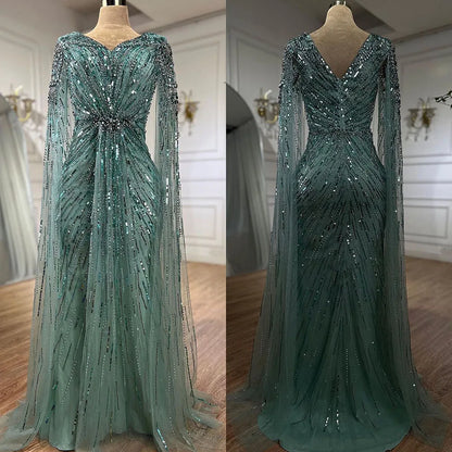 Elegante vestido de noche estilo sirena árabe turquesa con cuentas y mangas estilo capa, para mujer, boda, fiesta, LA72168 
