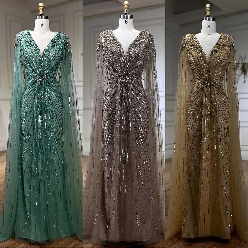 Arabic Turquoise Mermaid Beaded Cape Sleeves Elegant Evening Dresses Gowns 2025 For Women Wedding Party LA72168