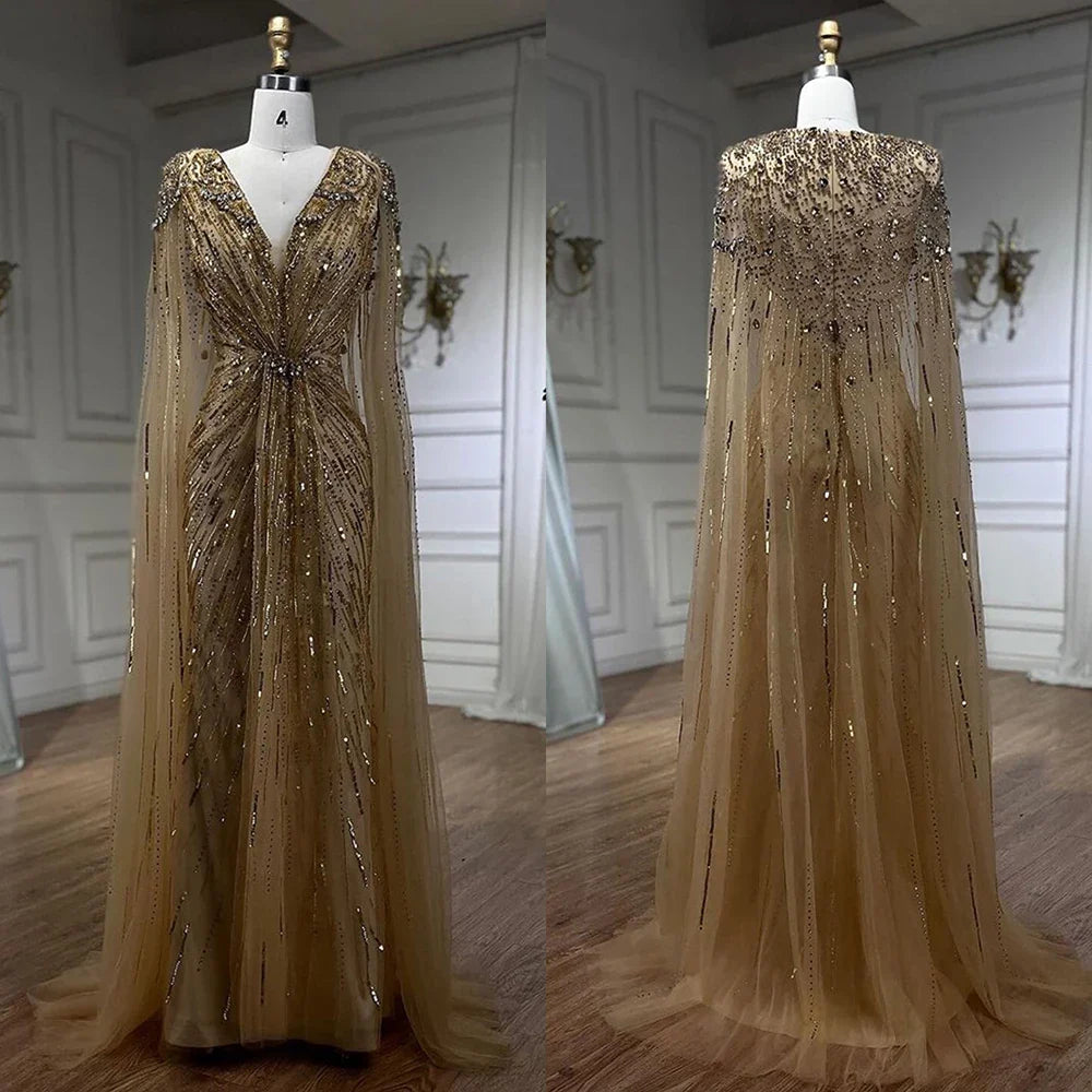 Arabic Turquoise Mermaid Beaded Cape Sleeves Elegant Evening Dresses Gowns 2025 For Women Wedding Party LA72168