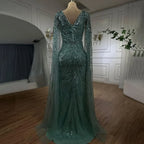 Arabic Turquoise Mermaid Beaded Cape Sleeves Elegant Evening Dresses Gowns 2025 For Women Wedding Party LA72168