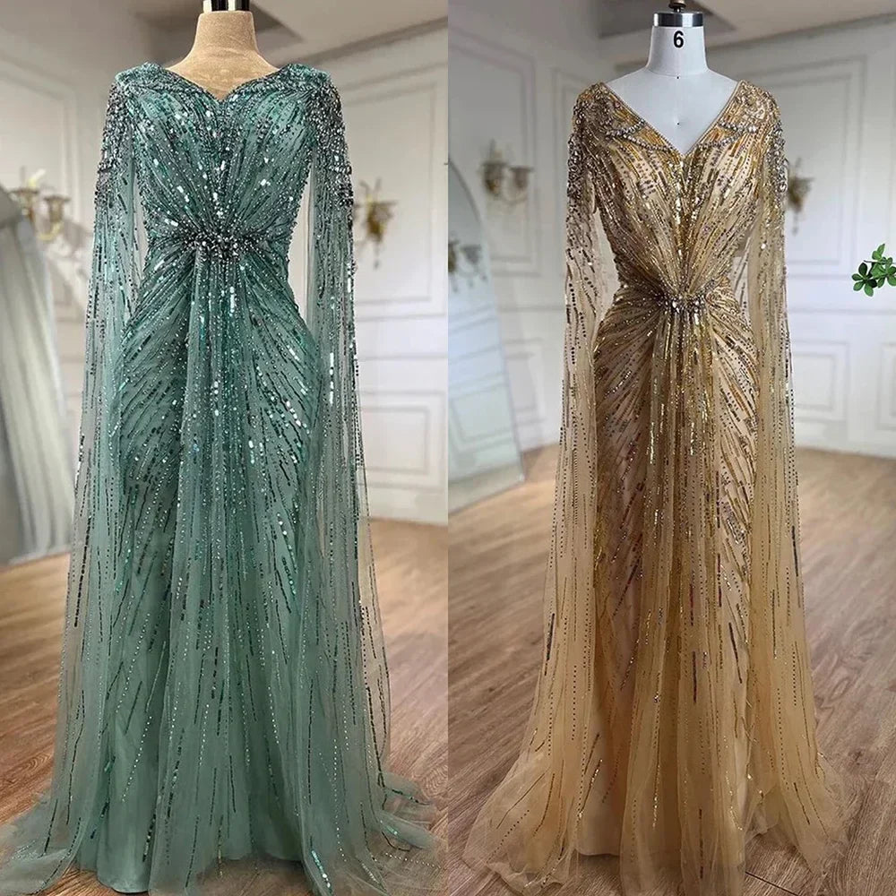 Elegante vestido de noche estilo sirena árabe turquesa con cuentas y mangas estilo capa, para mujer, boda, fiesta, LA72168 