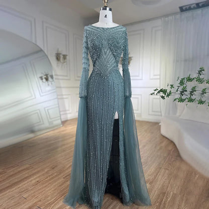 Vestido de noche elegante de lujo con mangas estilo capa y cuentas de sirena turquesa árabe para mujer, ideal para bodas 2025 LA72246 