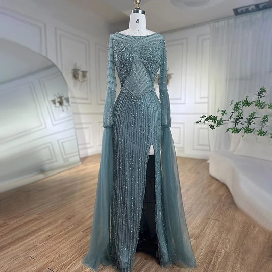 Vestido de noche elegante de lujo con mangas estilo capa y cuentas de sirena turquesa árabe para mujer, ideal para bodas 2025 LA72246 