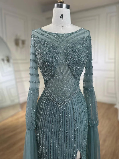 Vestido de noche elegante de lujo con mangas estilo capa y cuentas de sirena turquesa árabe para mujer, ideal para bodas 2025 LA72246 