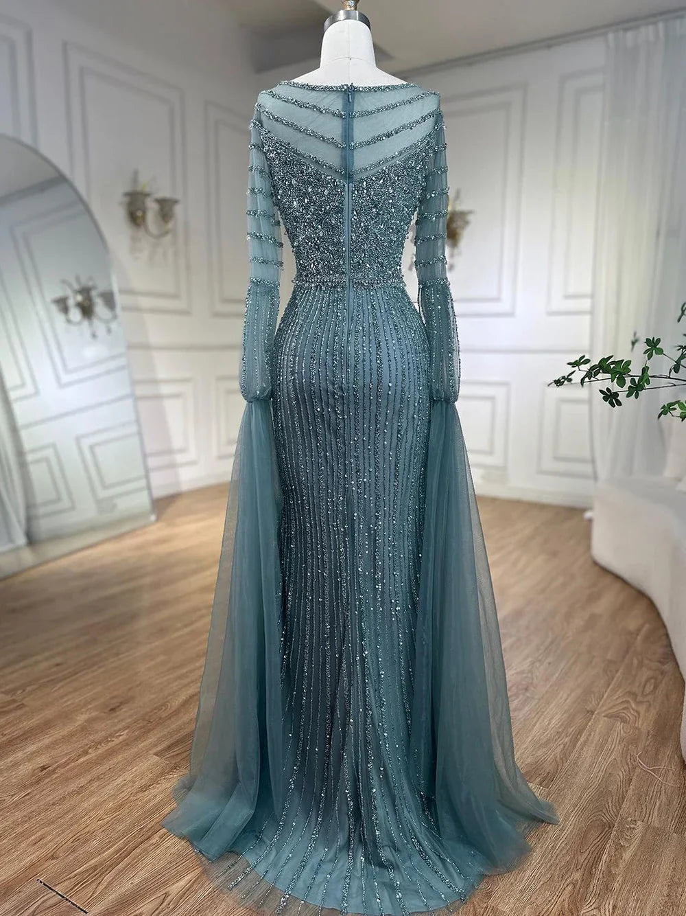 Arabic Turquoise Mermaid Beaded Elegant Cape Sleeves Luxury Evening Dress Gown For Women Wedding Party 2025 LA72246
