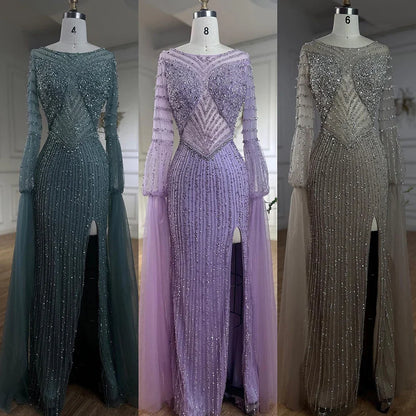 Vestido de noche elegante de lujo con mangas estilo capa y cuentas de sirena turquesa árabe para mujer, ideal para bodas 2025 LA72246 