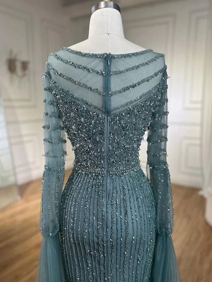 Vestido de noche elegante de lujo con mangas estilo capa y cuentas de sirena turquesa árabe para mujer, ideal para bodas 2025 LA72246 