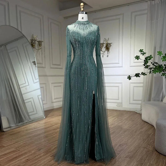 Vestido de noche árabe de sirena turquesa con mangas tipo capa y cuentas abiertas para mujer, ideal para bodas 2025 LA72381 