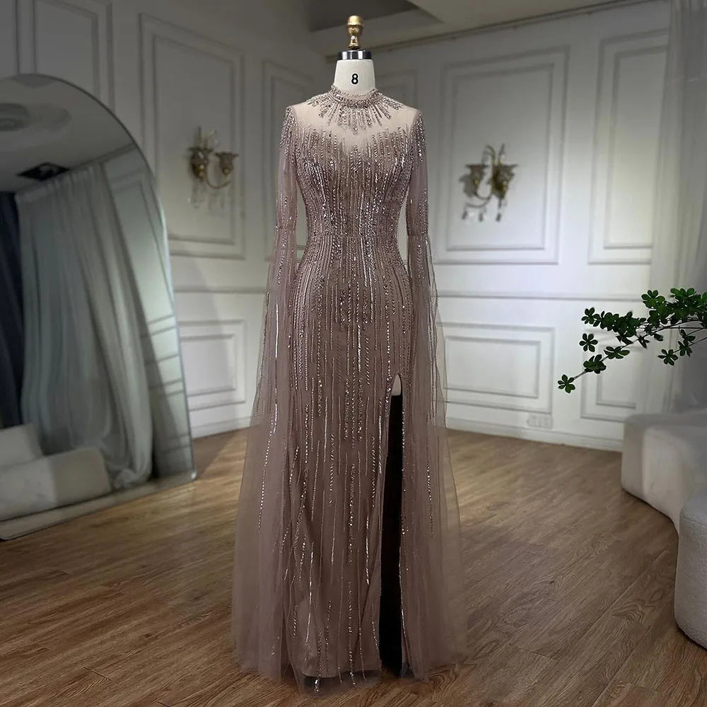 Arabic Turquoise Mermaid Cape Sleeves Split Beaded Evening Dresses Gowns For Woman Wedding  Party 2025 LA72381