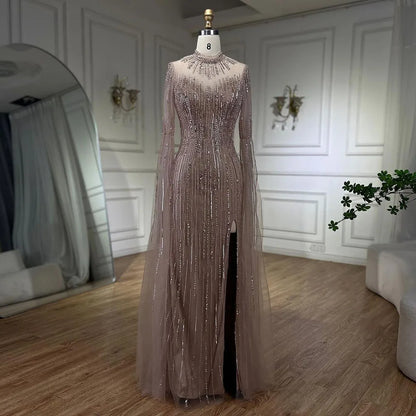 Vestido de noche árabe de sirena turquesa con mangas tipo capa y cuentas abiertas para mujer, ideal para bodas 2025 LA72381 