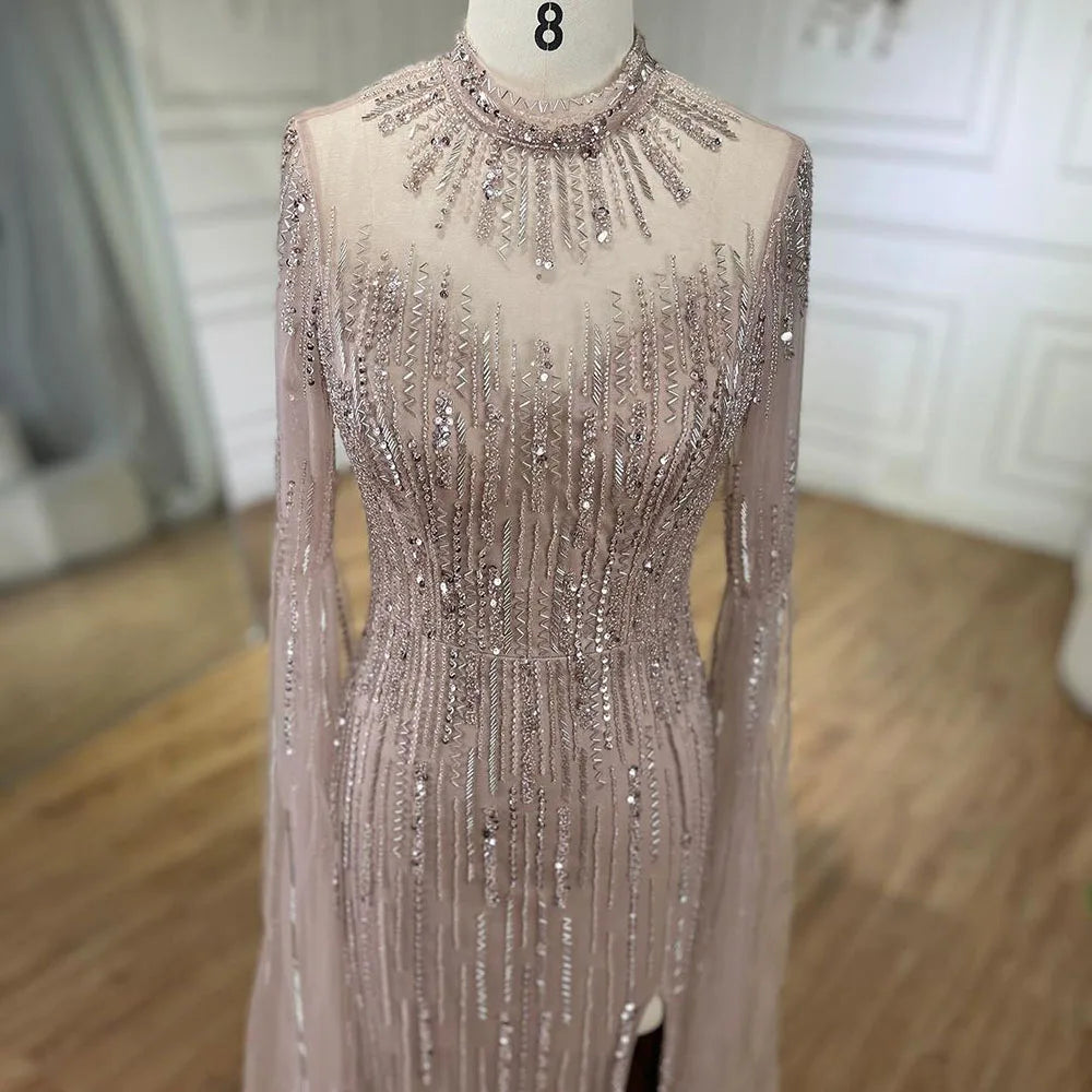 Arabic Turquoise Mermaid Cape Sleeves Split Beaded Evening Dresses Gowns For Woman Wedding  Party 2025 LA72381