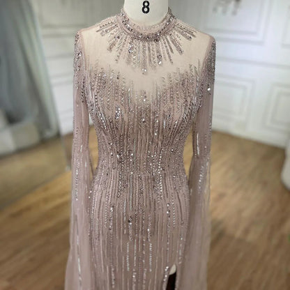 Vestido de noche árabe de sirena turquesa con mangas tipo capa y cuentas abiertas para mujer, ideal para bodas 2025 LA72381 