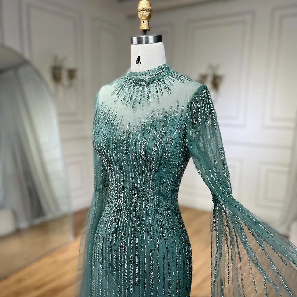Vestido de noche árabe de sirena turquesa con mangas tipo capa y cuentas abiertas para mujer, ideal para bodas 2025 LA72381 