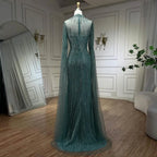 Vestido de noche árabe de sirena turquesa con mangas tipo capa y cuentas abiertas para mujer, ideal para bodas 2025 LA72381 