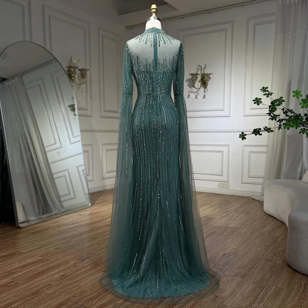 Vestido de noche árabe de sirena turquesa con mangas tipo capa y cuentas abiertas para mujer, ideal para bodas 2025 LA72381 
