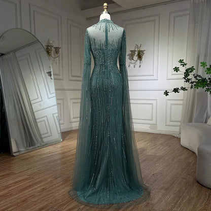 Vestido de noche árabe de sirena turquesa con mangas tipo capa y cuentas abiertas para mujer, ideal para bodas 2025 LA72381 