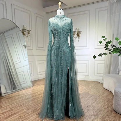 Vestido de noche árabe de sirena turquesa con mangas tipo capa y cuentas abiertas para mujer, ideal para bodas 2025 LA72381 