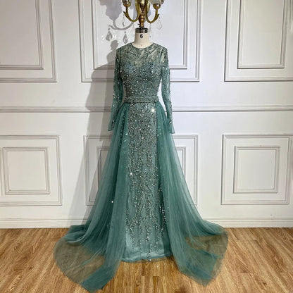 Luxuriöses Dubai Türkis Meerjungfrau Abendkleid mit Tüll LA72601