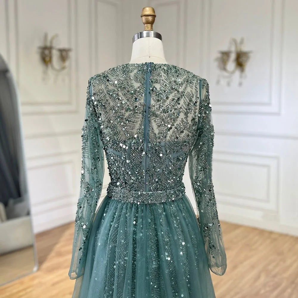 Luxuriöses Dubai Türkis Meerjungfrau Abendkleid mit Tüll LA72601