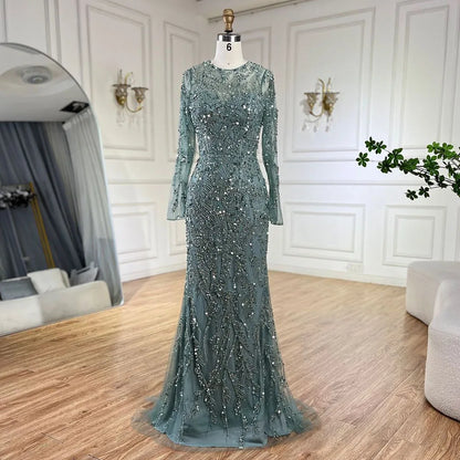 Luxuriöses Dubai Türkis Meerjungfrau Abendkleid mit Tüll LA72601