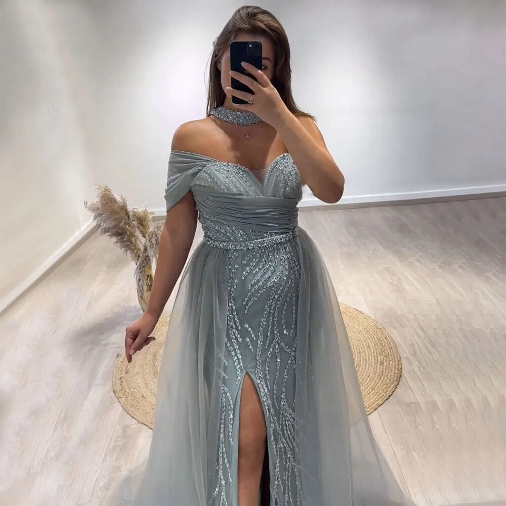 Vestido de noche árabe turquesa sexy de un hombro con cuentas y corte sirena, abertura alta, para mujer, LA72203 