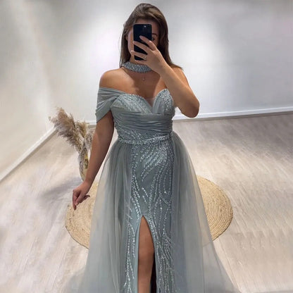 Vestido de noche árabe turquesa sexy de un hombro con cuentas y corte sirena, abertura alta, para mujer, LA72203 