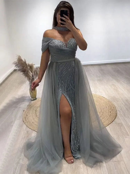 Vestido de noche árabe turquesa sexy de un hombro con cuentas y corte sirena, abertura alta, para mujer, LA72203 
