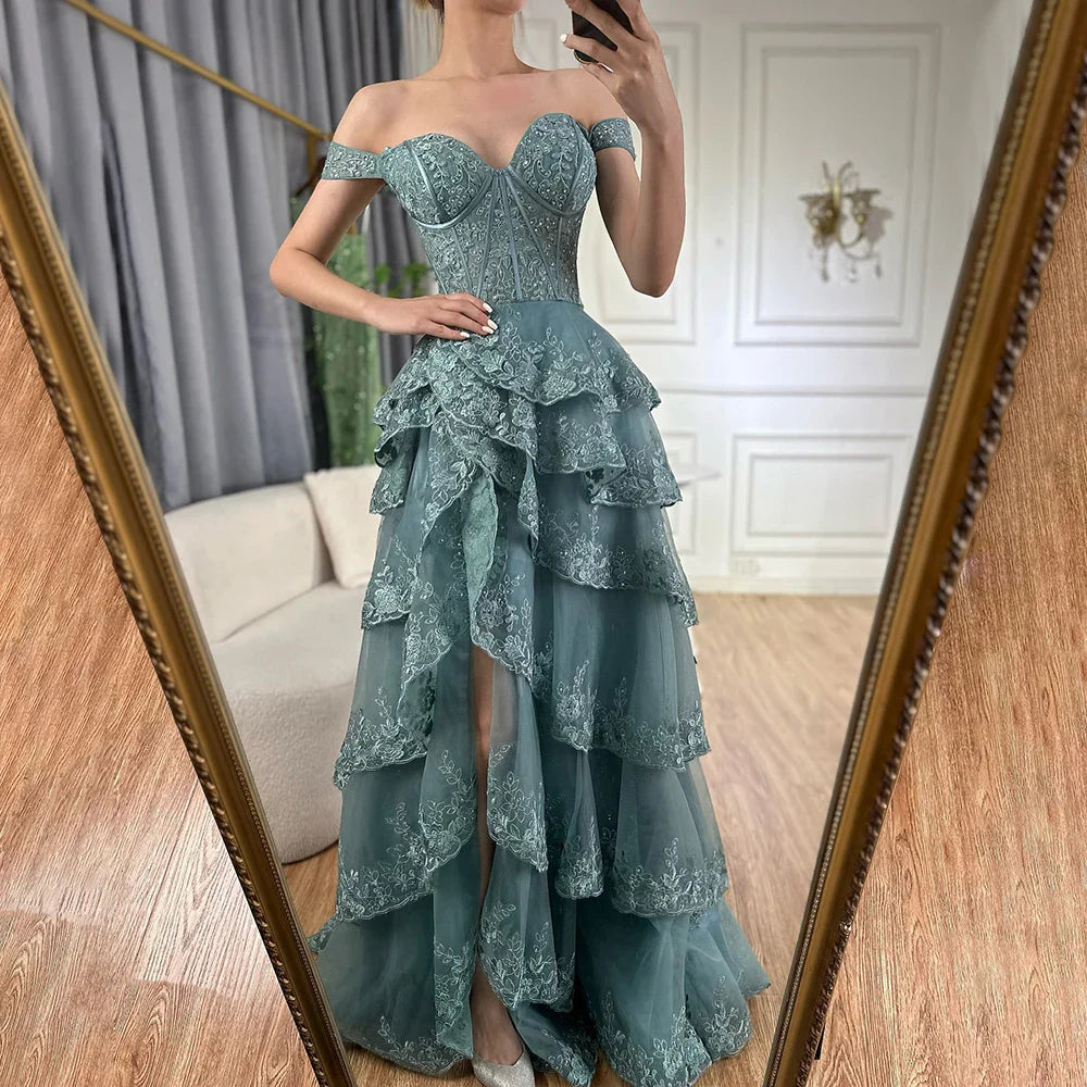 Vestido de noche árabe turquesa con tirantes, cuentas y abertura frontal para ocasiones formales (2025, LA72593A) 