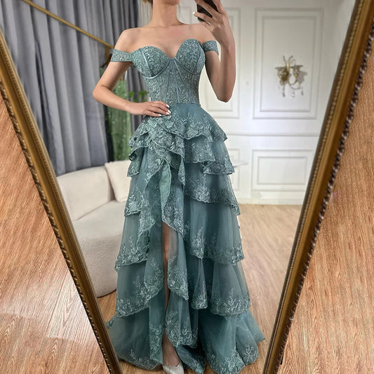 Vestido de noche árabe turquesa con tirantes, cuentas y abertura frontal para ocasiones formales (2025, LA72593A) 