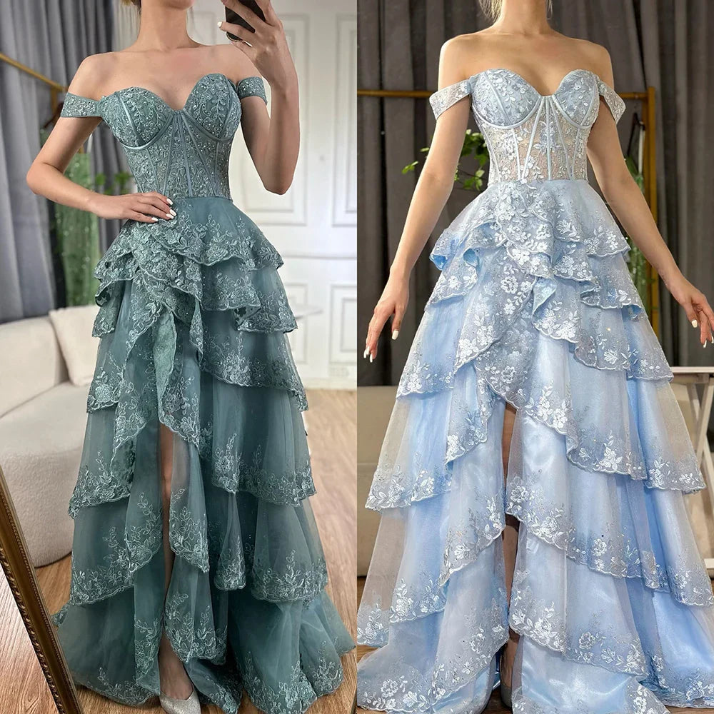 Arabic Turquoise Shoulder Strap Tiered Beaded Evening Gown with Front Split for Formal Occasion 2025 LA72593A
